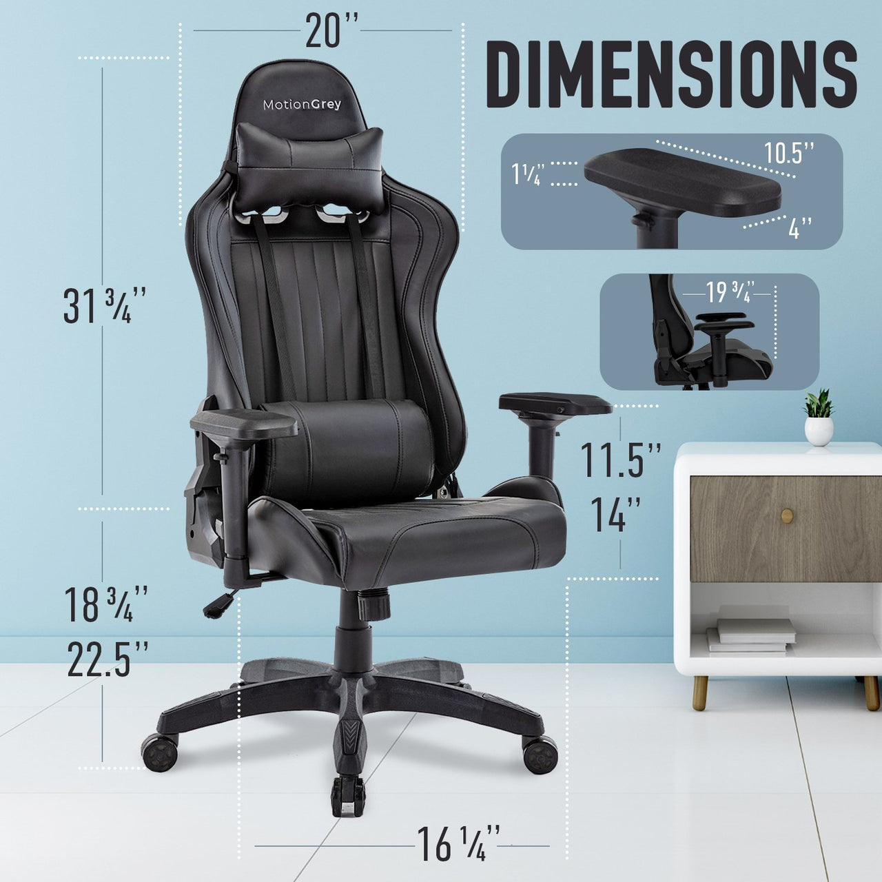 MotionGrey Enforcer - Office Gaming Chair, Ergonomic, High Back, PU Leather, with Height Adjustment, Headrest & Lumbar Cushions - Black - Only at BestBuy