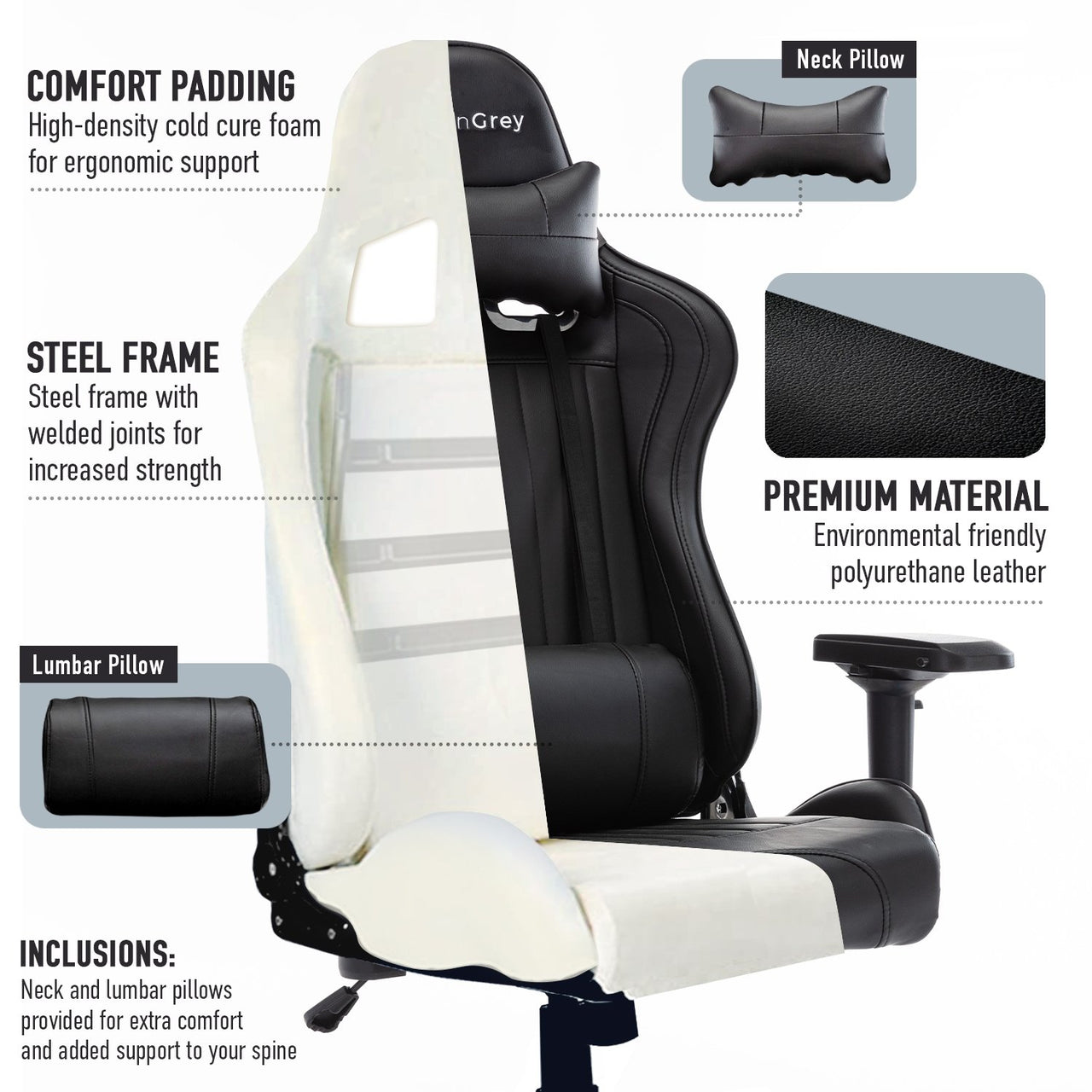 MotionGrey Enforcer - Office Gaming Chair, Ergonomic, High Back, PU Leather, with Height Adjustment, Headrest & Lumbar Cushions - Black - Only at BestBuy